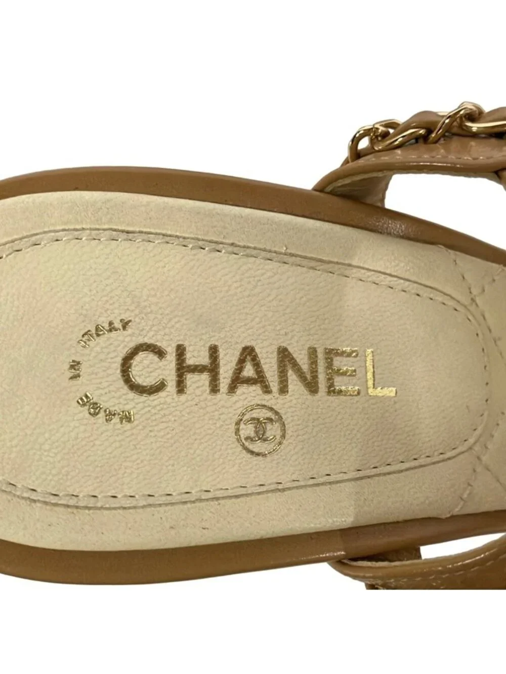 Chanel Sandals 37.5 C Light Brown Gold Chain Leather